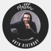 Verjaardag zwart wit foto ronde sticker (Voorkant)