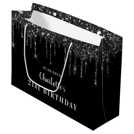 Verjaardag zwart wit glitter druppels naam groot cadeauzakje (Voorkant Gekanteld)