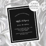 Verjaardag zwart wit minimalistische budget uitnod<br><div class="desc">Een moderne,  elegante en uitnodiging. Een zwarte achtergrond versierd met witte lijsten. Personaliseer en voeg een naam en details toe. Witte tekst. 1 vel = 1 uitnodiging afgedrukt rand tot rand.</div>