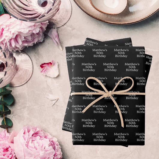 Verjaardag zwart wit naam script minimalist inpakpapier vel