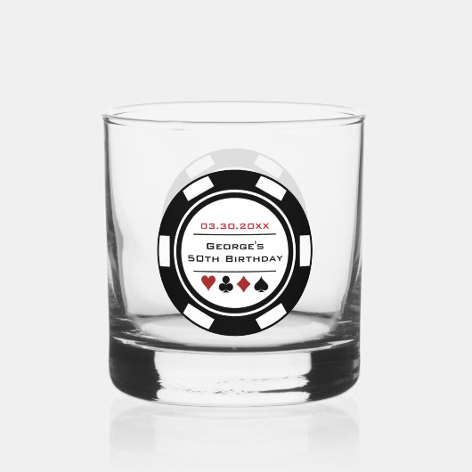 Verjaardag Zwart Wit Poker Chip Las Vegas Thema Whisky Glas (Voorkant)