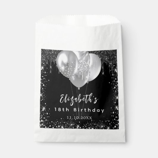 Verjaardag zwart zilver glitter ballonnen naam bedankzakje (Voorkant)