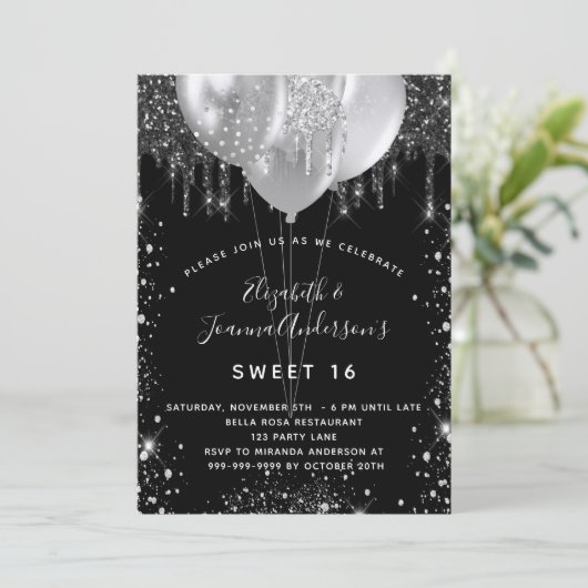 Verjaardag zwart zilver glitter ballonnen tweeling kaart (Staand voorkant)