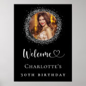 Verjaardag zwart zilver glitter foto welkom poster (Voorkant)
