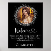 Verjaardag zwart zilver glitter foto welkom poster (Voorkant)