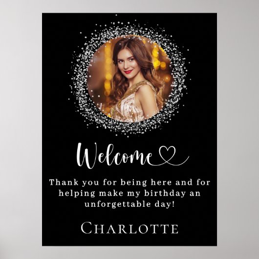 Verjaardag zwart zilver glitter foto welkom poster (Voorkant)