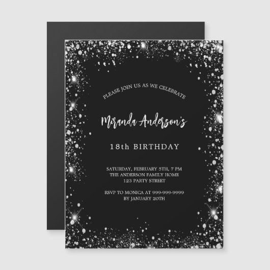 Verjaardag zwart zilver glitter luxe magnetische uitnodiging (Voorkant / Achterkant)