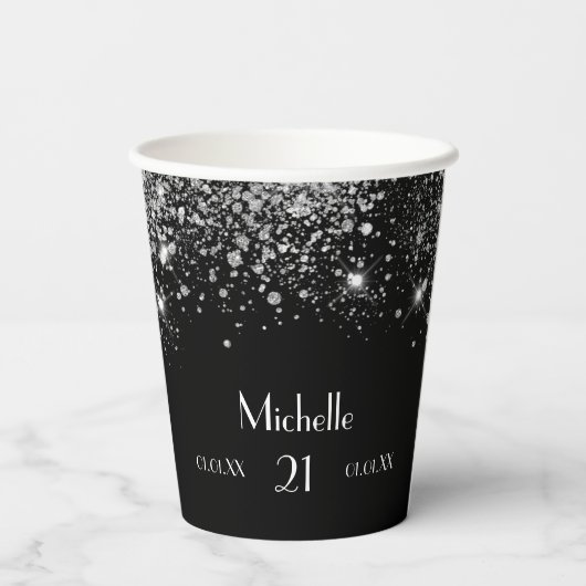 Verjaardag zwart zilver glitter monogram papieren bekers (Achterkant)