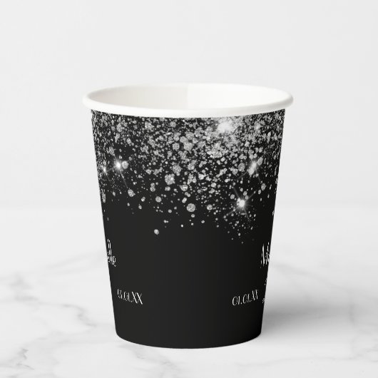 Verjaardag zwart zilver glitter monogram papieren bekers (Links)