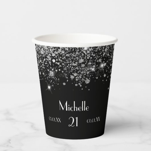 Verjaardag zwart zilver glitter monogram papieren bekers (Voorkant)