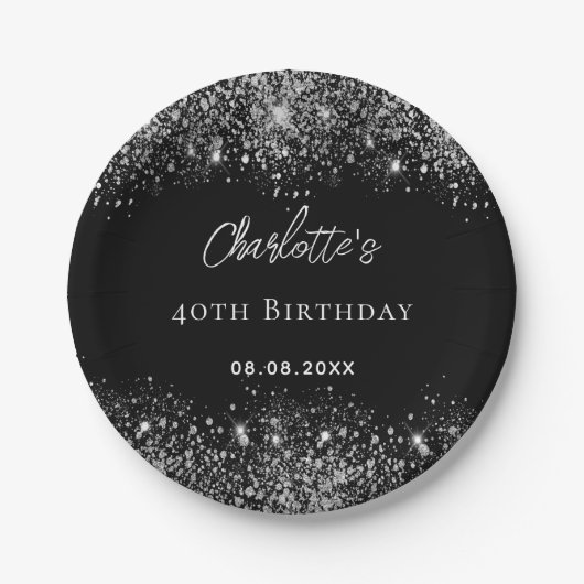 Verjaardag zwart zilver glitter schittert papieren bordje (Voorkant)