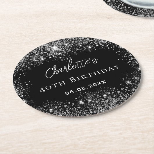Verjaardag zwart zilver glitter schittert ronde kartonnen onderzetter (Gebogen)
