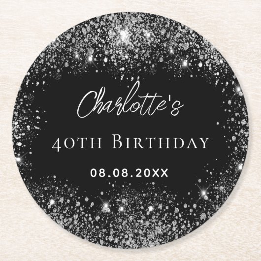 Verjaardag zwart zilver glitter schittert ronde kartonnen onderzetter (Voorkant)