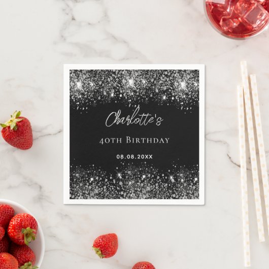 Verjaardag zwart zilver glitter schittert servet (Insitu)