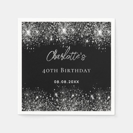 Verjaardag zwart zilver glitter schittert servet (Voorkant)