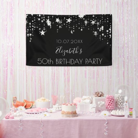 Verjaardag zwart zilveren sterren welkom spandoek (Feest)