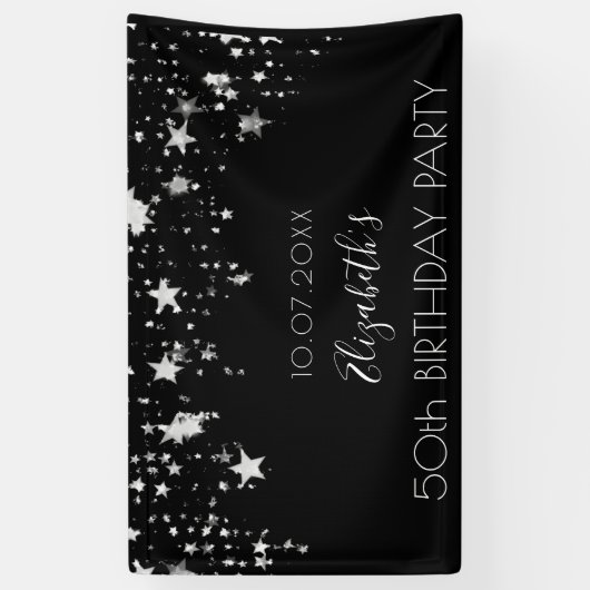 Verjaardag zwart zilveren sterren welkom spandoek (Verticaal)