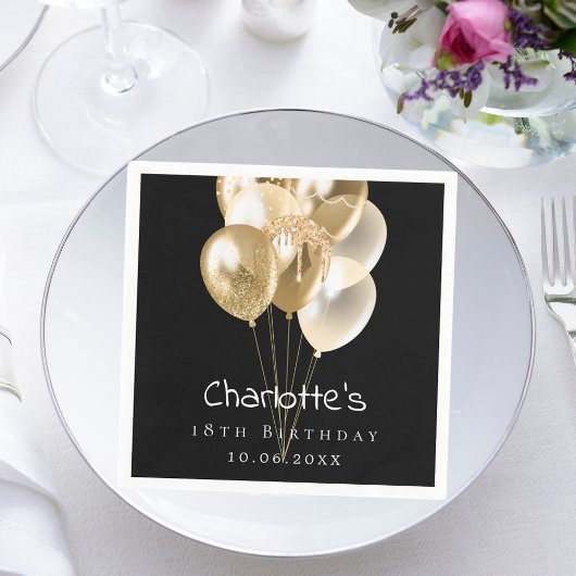 Verjaardag zwarte gouden ballonnen servet