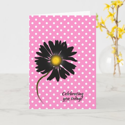 verjaardag zwarte madeliefje op polka dots kaart (Gele Bloem)