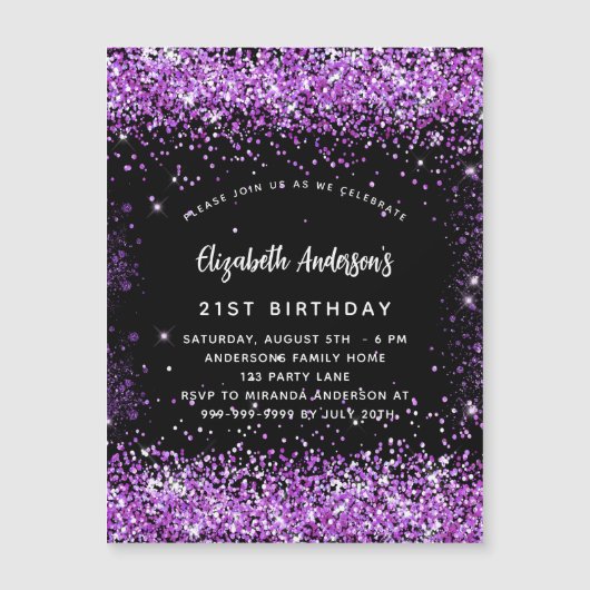 Verjaardag zwarte paarse confetti magnetische uitnodiging (Voorkant)