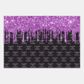 Verjaardag zwarte paarse glitter druppels naam gla inpakpapier vel (Voorkant)