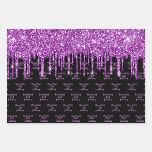 Verjaardag zwarte paarse glitter druppels naam gla inpakpapier vel (Voorkant)