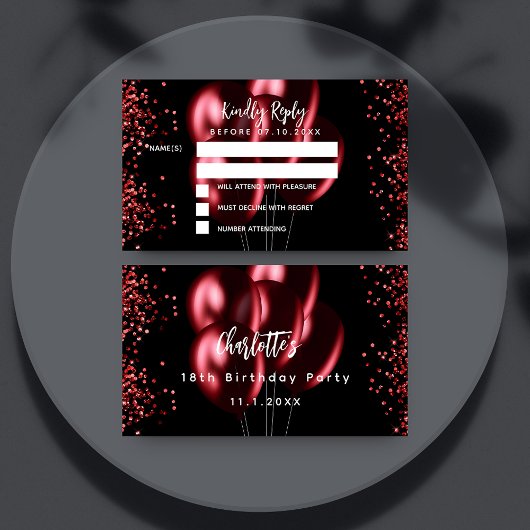 Verjaardag zwarte rode ballonnen feest RSVP Informatiekaartje