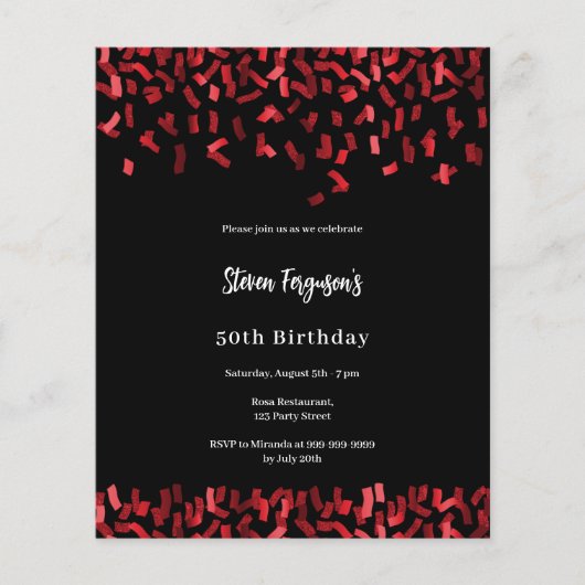Verjaardag zwarte rode confetti uitnodiging (Voorkant)