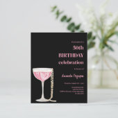 Verjaardag zwarte roze bubbels wijn parels uitnodi (Staand voorkant)