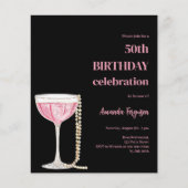 Verjaardag zwarte roze bubbels wijn parels uitnodi (Voorkant)