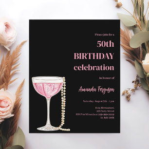 Verjaardag zwarte roze bubbels wijn parels uitnodi