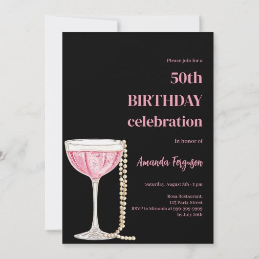 Verjaardag zwarte roze mousserende wijn parels kaart (Voorkant)