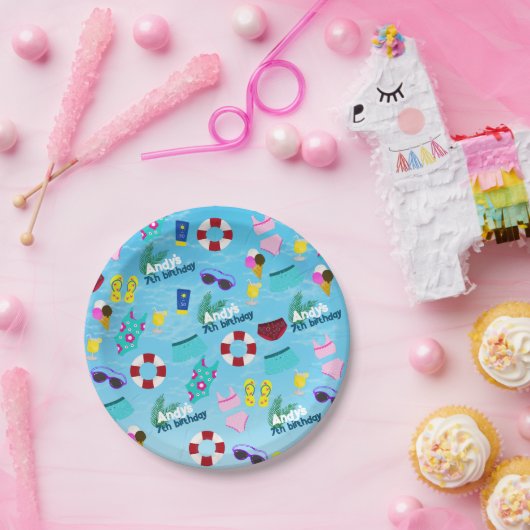 Verjaardag Zwembad Leuk Feestpatroon Papieren Bordje (Feest)