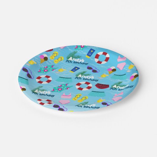 Verjaardag Zwembad Leuk Feestpatroon Papieren Bordje (Gekanteld)