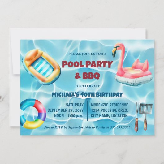 Verjaardag Zwembad Party en BBQ Kaart (Voorkant)
