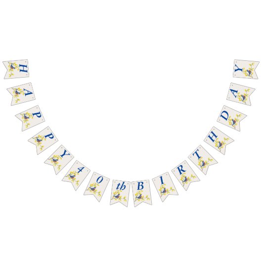 VerjaardagBlauw Rood Vogel op tak Gele Bloemen Vlaggetjes (Alle)