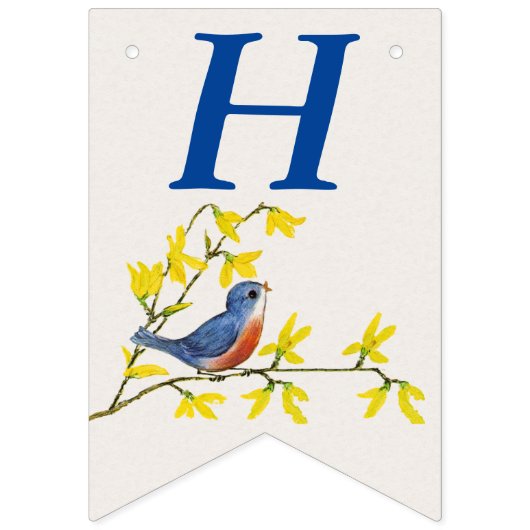 VerjaardagBlauw Rood Vogel op tak Gele Bloemen Vlaggetjes (Eerste vlag)