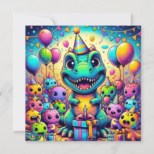 Verjaardags Bash T-Rex & Vrienden Verjaardag Vieri Kaart (Voorkant)