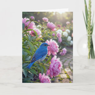 Verjaardags Blauw Vogeltje Op Een Roze Pioen Kaart