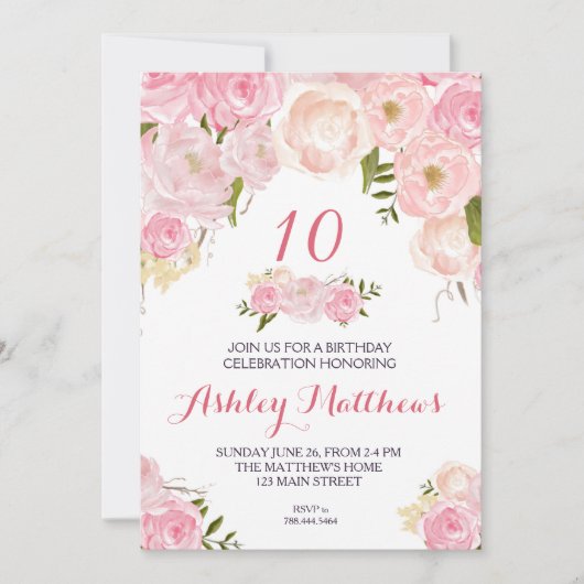 verjaardags bloemen uitnodiging, kaart (Voorkant)