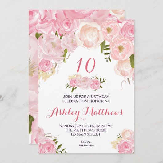 verjaardags bloemen uitnodiging, kaart (Voorkant / Achterkant)