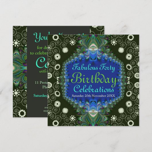 Verjaardags bloemenspiraal Pauw Kunst Uitnodiging (Voorkant / Achterkant)