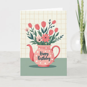 Verjaardags bloemenvormige theepot kaart