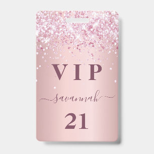 Verjaardags blush roze glitterspul naam vip badge