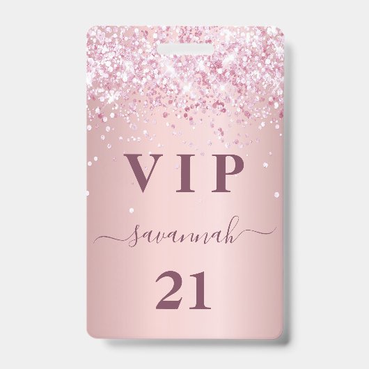 Verjaardags blush roze glitterspul naam vip badge (Voorzijde)