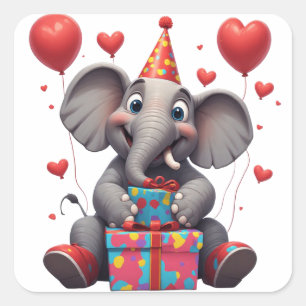Verjaardags Cartoon Olifant Met Ballonnen 🐘 Vierkante Sticker