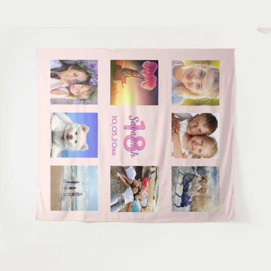 Verjaardags custom foto collage roze goud roze voo wandkleed (Voorkant (horizontaal))