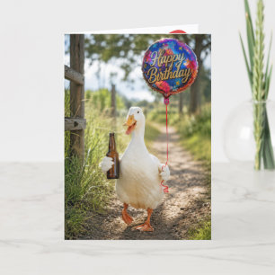 Verjaardags eend met een biertje en ballon kaart