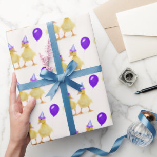 Verjaardags Eendjes met Paarse Ballon Cadeaupapier