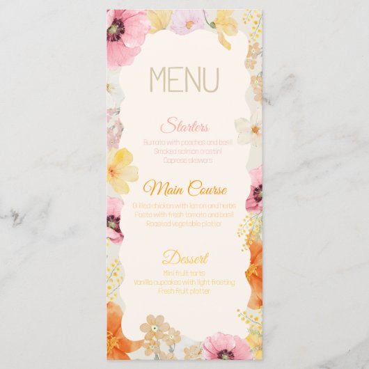 Verjaardags Eet Menu Bloemig Pastel Oranje Roze Ge (Voorkant)